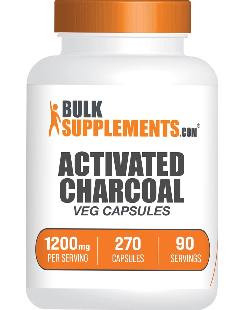 BulkSupplements.com Capsule Charcoal activate - nucă de cocos Charcoal, Charcoal activat pentru suport renal, pastile Charcoal activate - Vegan, 3 capsule per Serving (1200 mg), 270 Veg Capsule