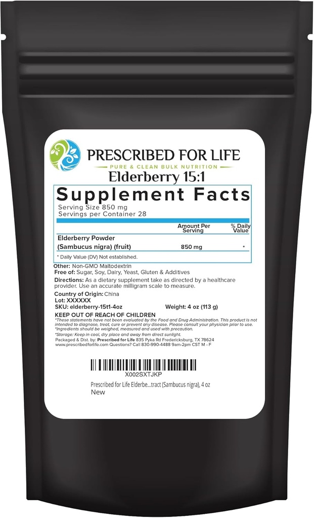 Prescribed For Life Elderberry Powder, Pudred Elderberry for Adulti, High Vitamina C Content, Plin de Fibra Dieta si Antioxidanti, Vegan, Gluten Free, Non OMG (4oz / 113g)