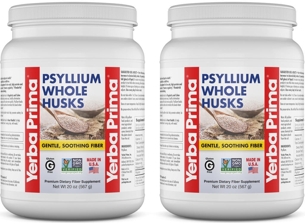 Yerba Prima Whole Psyllium Husk Fiber Supplement 20 oz (Pachet de 2) - Vegan, Gluten Free, Non-GMO