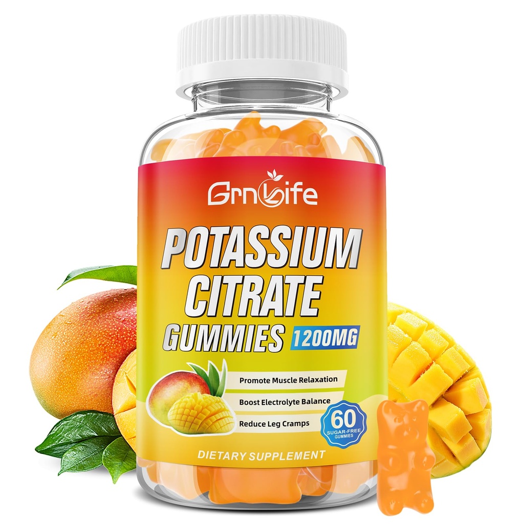 Gume Citrate de potasiu, Gume mari Supliment de potasiu 1200 mg pentru adulți și copii, Suport Crampe Leg & Sanatate musculara, Vegan, Mango Flavor 60 Conte