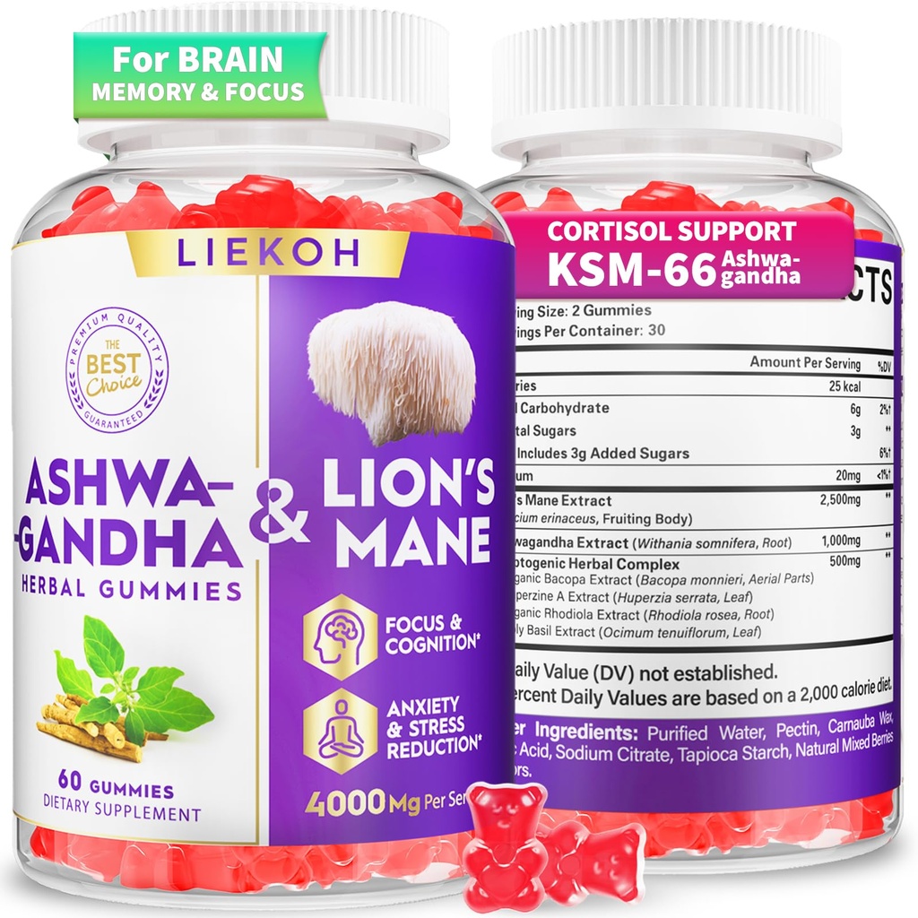 Ashwagandha Gummies - Organic Ashwagandha & Lions Mane Gummies pentru adulți cu 4 Adaptogene Herb pentru Stres, Cognitive & Imunum Supplements of Women & Men, Berry Flavor - 60 Counts