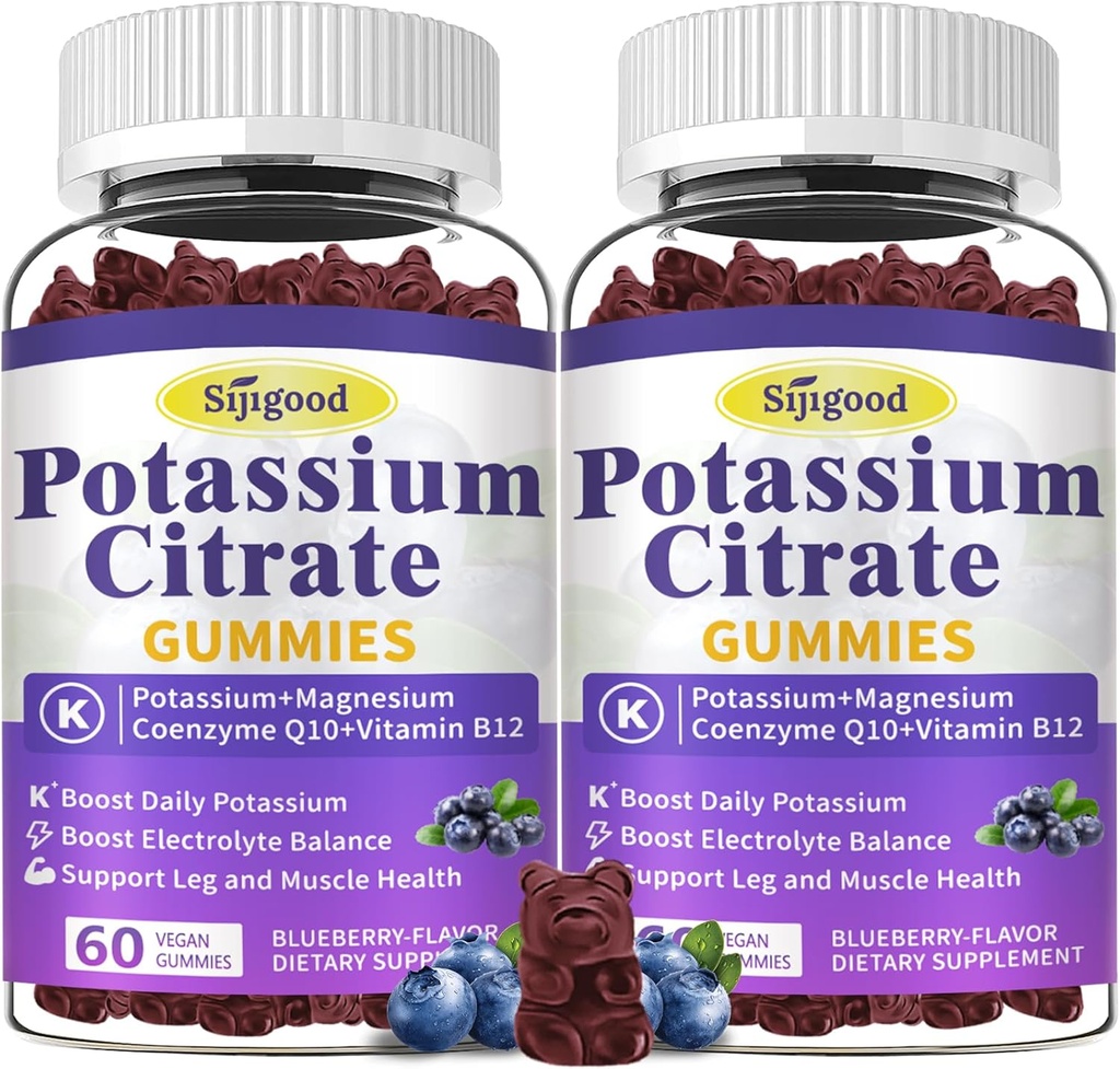 2 Pack Citrat de potasiu Gumries, Supliment de potasiu pentru sanatatea musculara, Crepa de picior si electrolit echilibru, Vegan, Non-GMO, Gluten-Free, Aroma de afine, 120 Conte