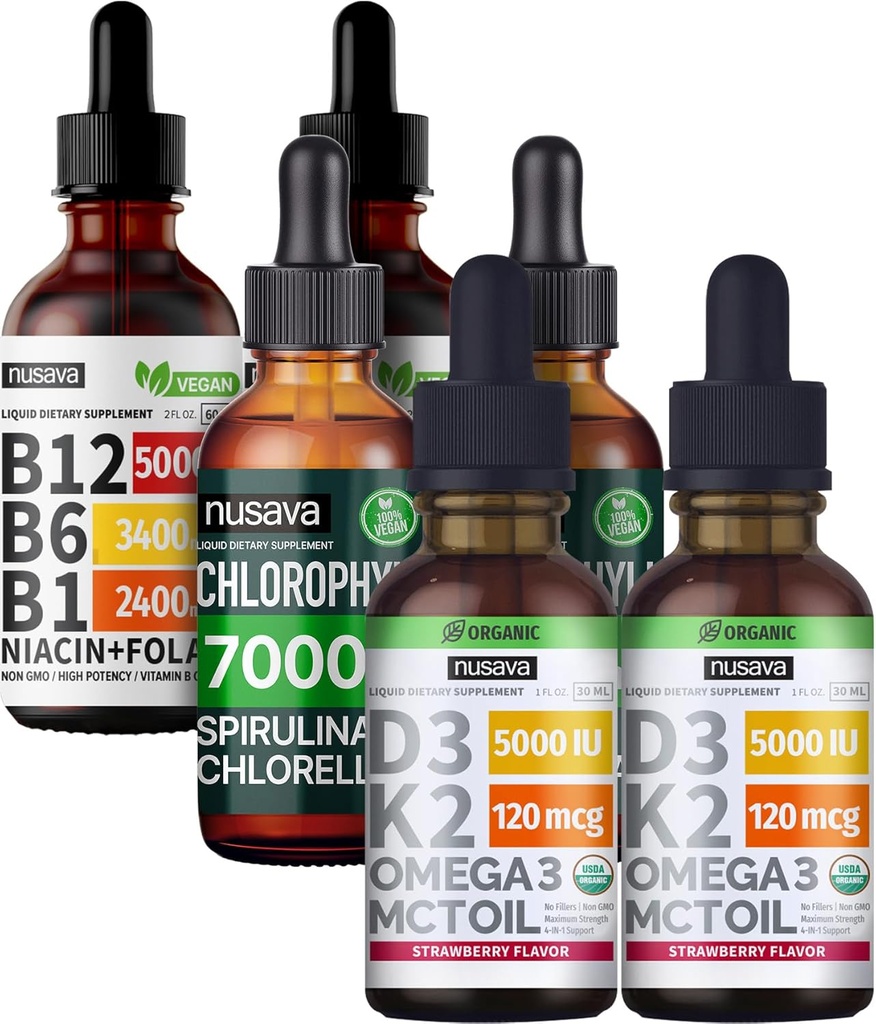 NUSAVA Strawberry Flavored D3 K2, Clorofila, & Vitamina B12 Picături lichide Bundle - Vitamine lichide potente pentru inimă, energie, Brain & Imunity Support - non-GMO, Gluten-Free, 2pk Fiecare