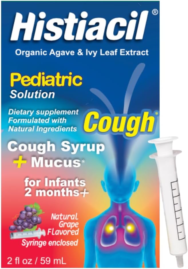 Histiacil Organic Agave Jarabe para TOS, Infanterie 2 luni si mai in varsta, Tuse + Mucus Relief Made with Agave & Ivy Leaf Extract, Pediatric Formula pentru Ziua Copiilor Mucus Aroma de struguri, 2 fl oz
