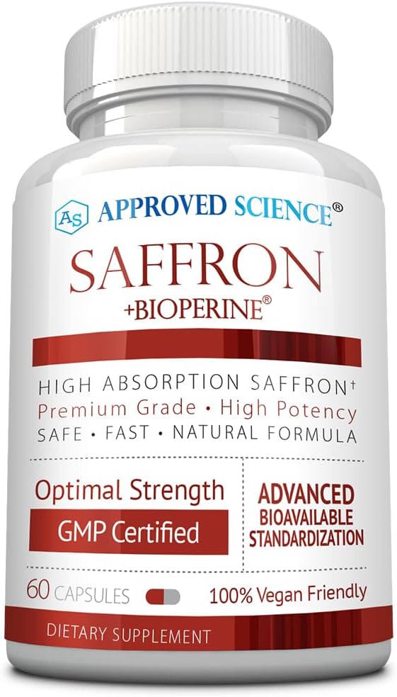 Stiinta aprobata Saffron® Standardizat la 3% Crocin, 2% Safranal - BioPerine de mare Absorbtie - Vegan, 60 Capsule - Ambalaj de 1