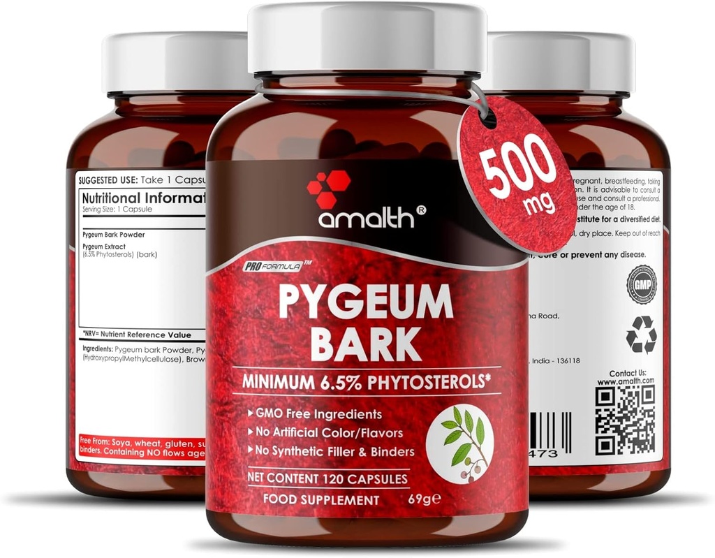 Amalth Pygeum Bark Extract pulbere potenta mai mare (6,5% fitosteroli) Sustine tractul urinar si prostata sanatate barbati Suplimente vegetale 120 capsule (Nio GMO)