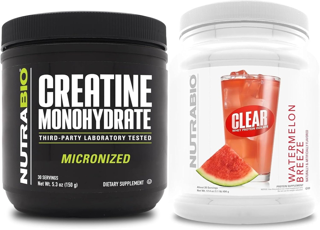 NutraBio Creatin Monohidrat, Nearomated, (150 g) și Clear Whey Proteine Izolat, (Watermelon Breeze) Supliment Bundle 