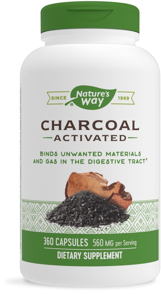 Natura's Way Charcoal activat, Lega materiale nedorite și gaz în Digestive Tract*, 560 mg per 2-Capsule Serving, 360 capsule (Packaging May Vary)