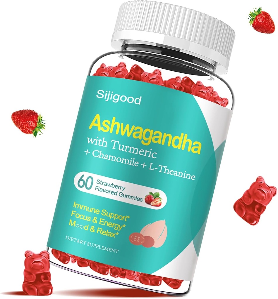 Ashwagandha Gummies cu L-theanine, Ashwa Root Supplement Gummy pentru femei, 60 căpșuni Gummies aromate