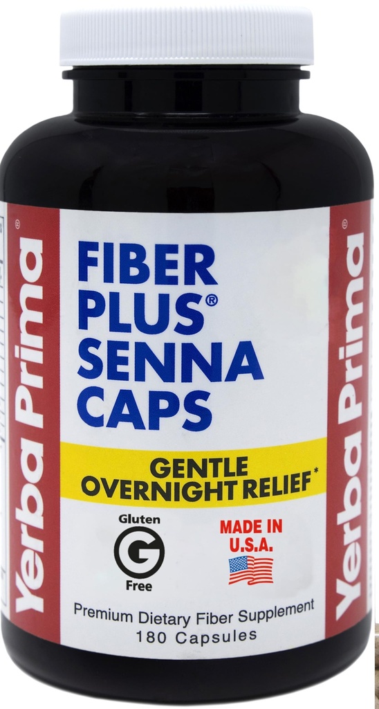 Yerba Prima Fiber Plus Senna Capsule, 180 Conte - Gentle Overnight Relief, SUA Made, Non-GMO, Gluten-Free