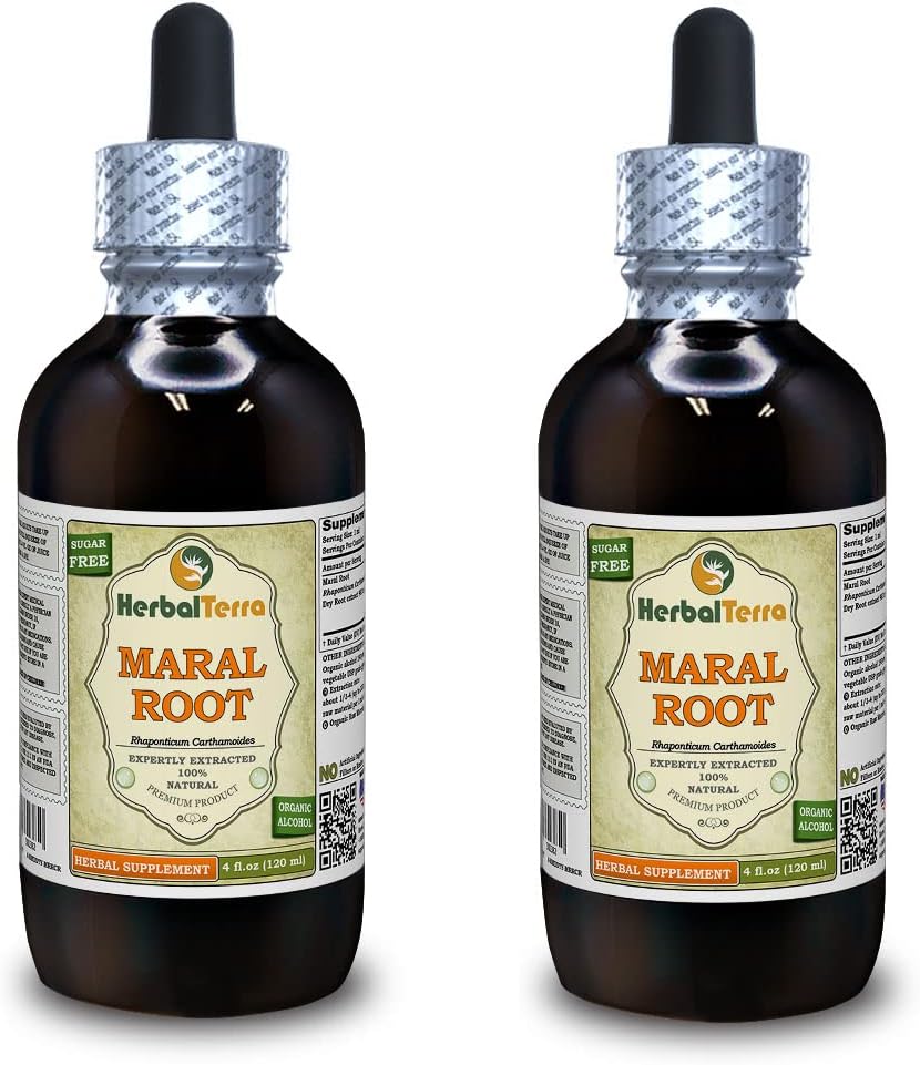 Root maral (Rhaponticum Carthamoides) Tincture, extract lichid de rădăcini uscate organice (Brand Name: HerbalTerra, Proudly Made in USA) 2x4 fl.oz (2x120 ml)