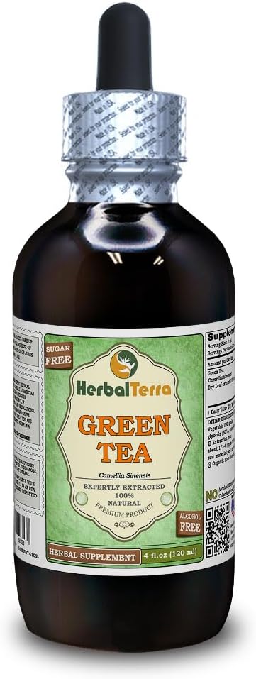 Ceai verde (Camellia Sinensis) Glicerite, Frunze organice uscate Extract de lichid fără alcool (Brand Name: HerbalTerra, Proudly Made in USA) 4 fl.oz (120 ml)