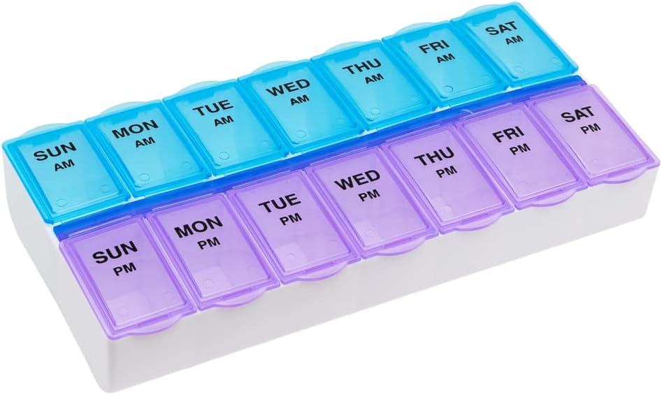 EZY DOSE Weekly (7-Day) AM/PM Daily Pill Case, Medicina Planner, Vitamim, Ulei de pește, Suplimente Organizator Container, Compartimente mari, 2 ori pe zi, Albastru și Purple Lids, BPA gratuit