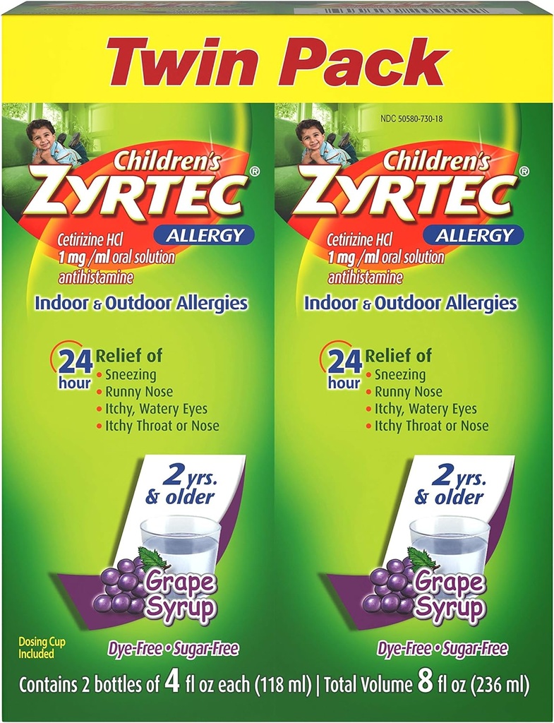 Zyrtec 24 Hr Sirop de alergie pentru copii cu Cetirizină, Struguri fără zahăr, Pachet de 4 fl. oz