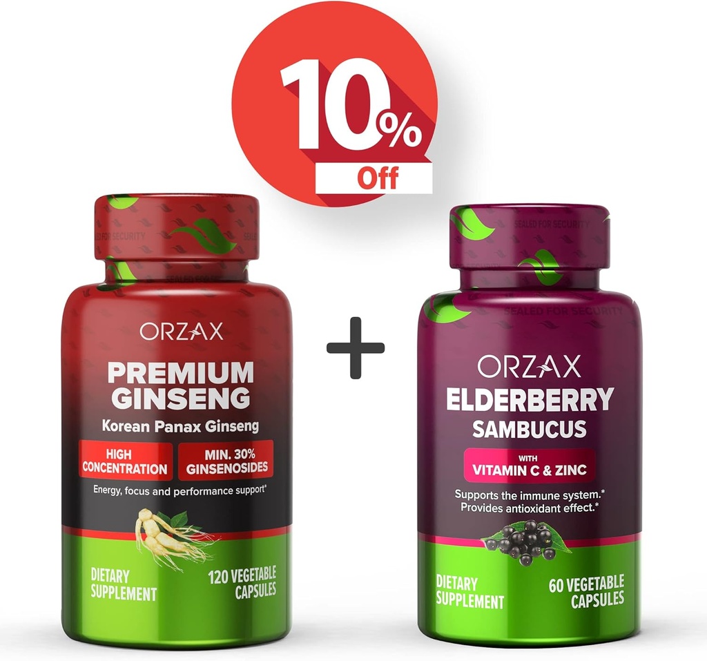 OrzAX Ginseng, 30% Ginsenozide, Premium 120 Capsule de legume și capsule de soc, 2000mg 60 Capsule vegetale, Bundle