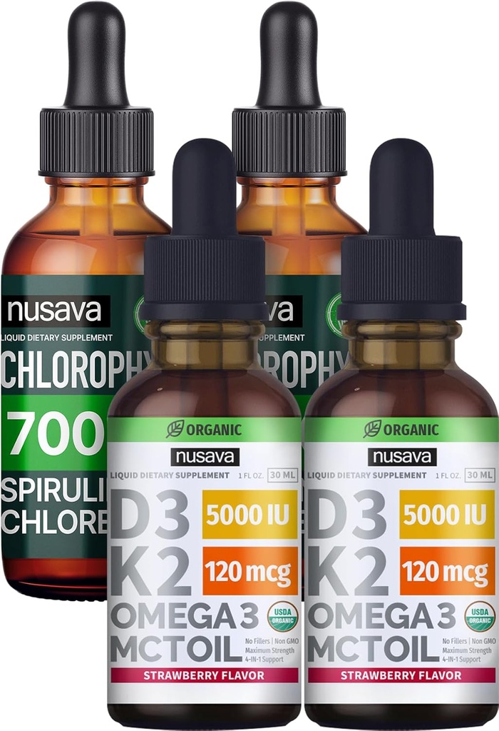NUSAVA Aroma de căpșuni D3 K2 picături și picături de lichid Clorofile Bundle - vitamine lichide potente pentru inimă, articulație, energie, și suport imunitar - non-GMO, gluten-free, 2pk Fiecare