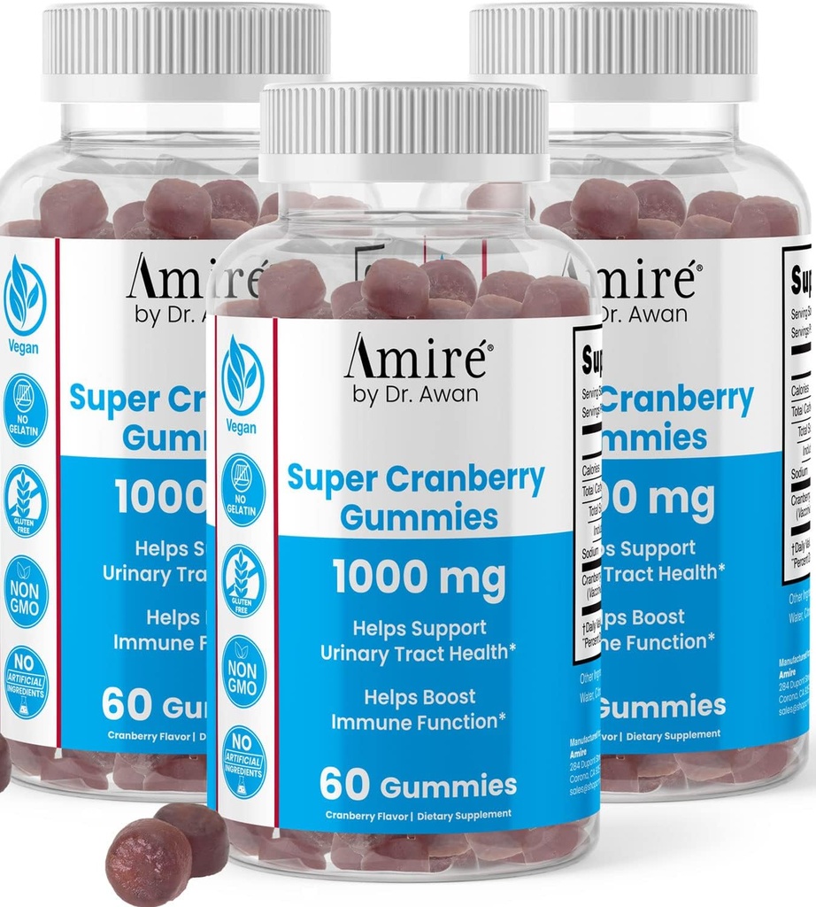 Amire de Dr. Awan Super Gumies Cranberry, Ajuta la sustinerea sanatatii tractului urinar, ajuta la cresterea functiei imune, Gelatie-Free Chews Cranberry pentru barbati si femei, 180ct, 90-Day Supply