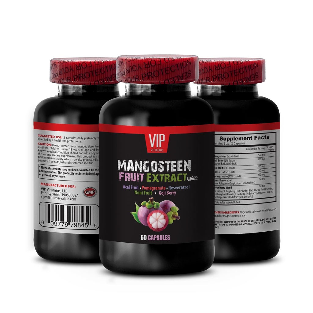 VIP VITAMINS Mangosteen, Extract de mangosteen - extract de fructe mangosteen - Acai Berry, Goji Berry, rodie, Noni, Trans-Resveratrol, fructe de soc, piele de struguri - 1 flacon 60 capsule