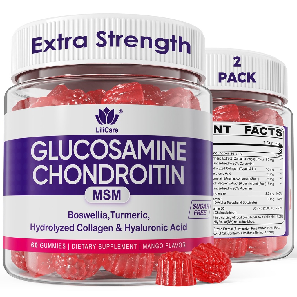 Glucosamină Chondroitin Gummies, Glucosamină Chondroitin MSM fără zahăr Supliment, Extra Putere cu Boswellia Turmeric, Hidrolyzed Colagen & Acid hialuronic, Sănătate osoasă pentru bărbați și femei, 120 Cts