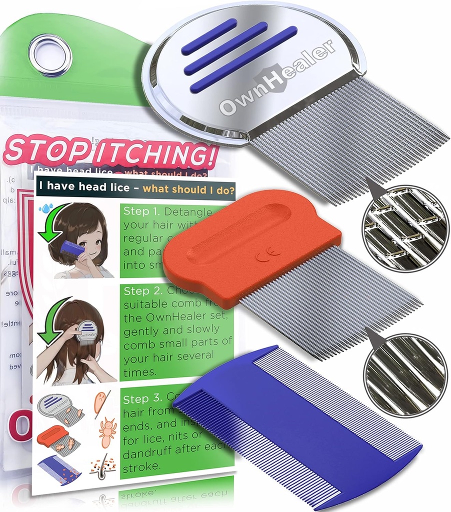 Propriul HEALER Professional Lice Comb Kit - pentru Licee, Nits, și Mătreață Îndepărtare. Rezultate rapide pentru tratamentul păduchi - potrivit pentru toate tipurile de păr. Peine para piojos y liendres.
