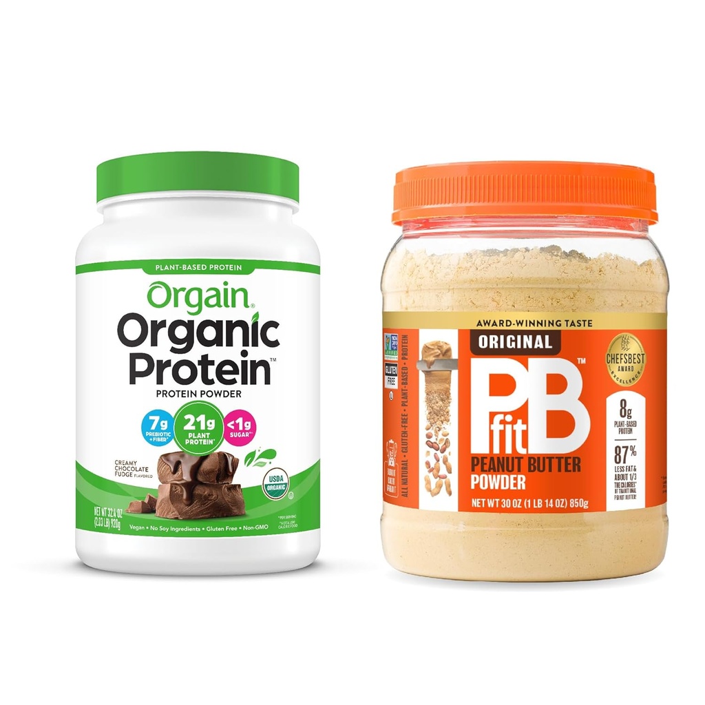 Pudră organică de proteine Vegan, ciocolată Fudge 2 lbs + PBfit Original 30 oz