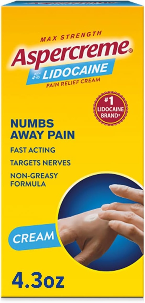 Aspercreme Lidocaină Durere Relief Cream Soothes Agravated Nervi, Numbing Topical Analgesic cu Max-Forngth 4% Lidocaină & Moisturising Aloe, 4.3 Oz.