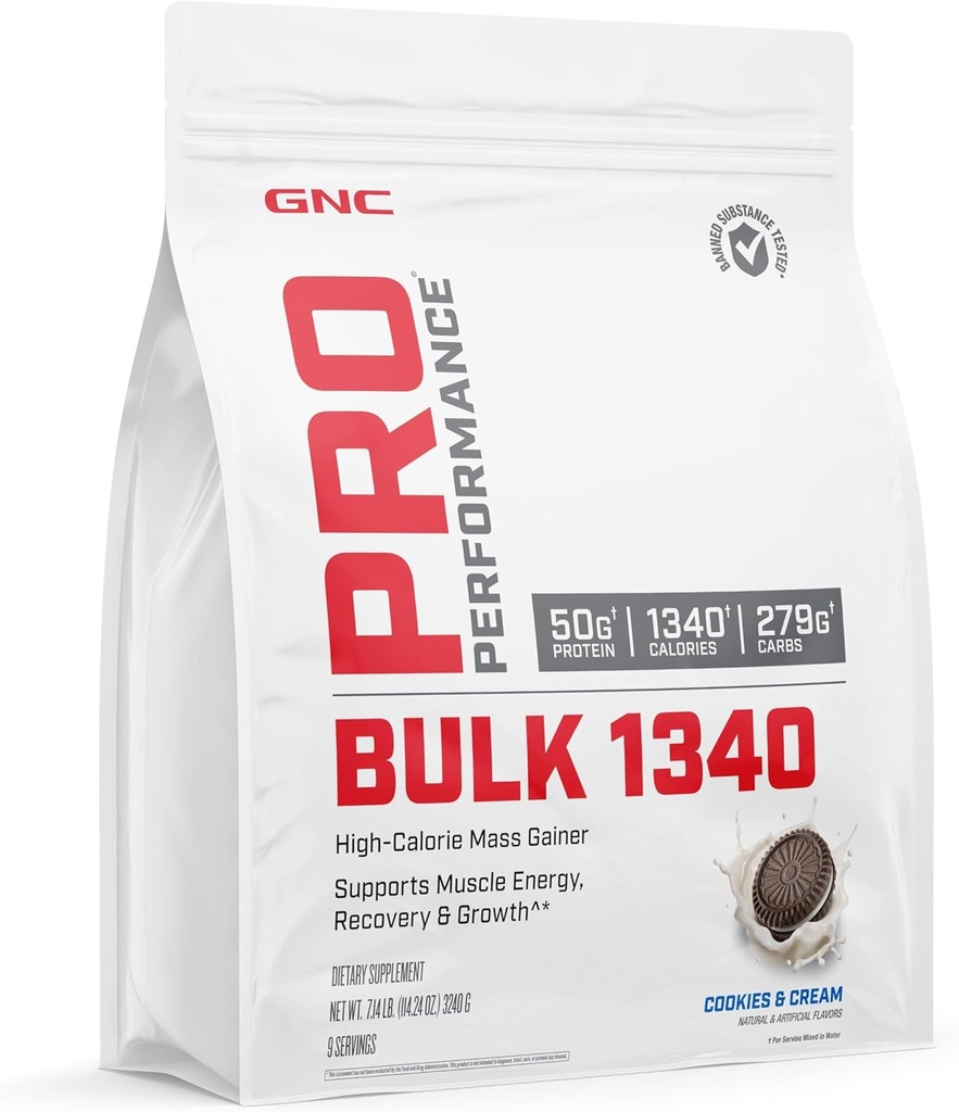 GNC Pro Performance Bulk 1340 Mass Gainer Proteine Pulbere, 50g, Gluten Free, Whey, Creatine, BCAA, 3rd Party Testat, Recuperare si crestere musculara, Micronutrients, Cookie-uri și Cream, 9 Serviri