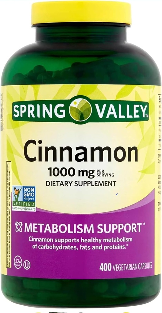 Spring Valley Scorțișoară Supliment 1000mg, 400 Capsule vegetariene, Conține Cassia, nu Ceylon. Suplimentul plantei pentru Wellness General. Luall