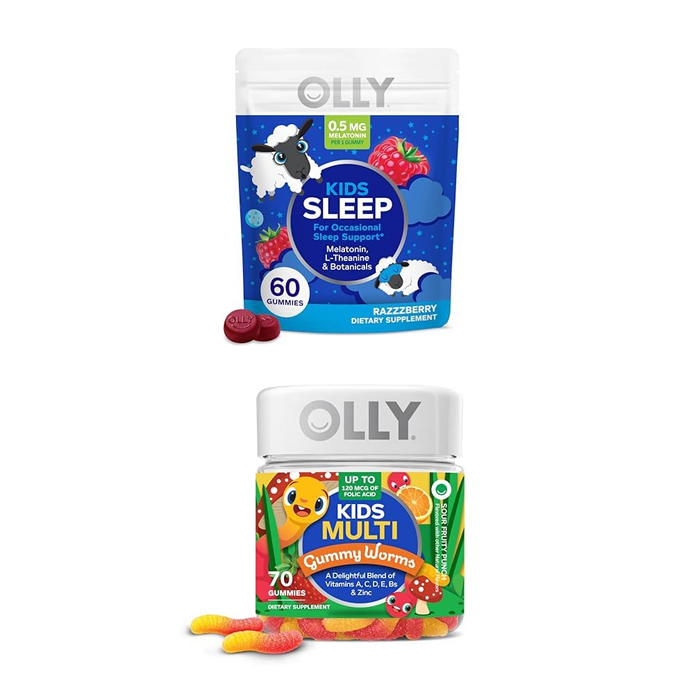 OLLY Kids Sleep Gummy, Melatonin, L Theanin, Chamomile, 60 Conte and Kids Multivitamine Gummy Worms, Vitamine A C D E Bs Zinc, 70 Count