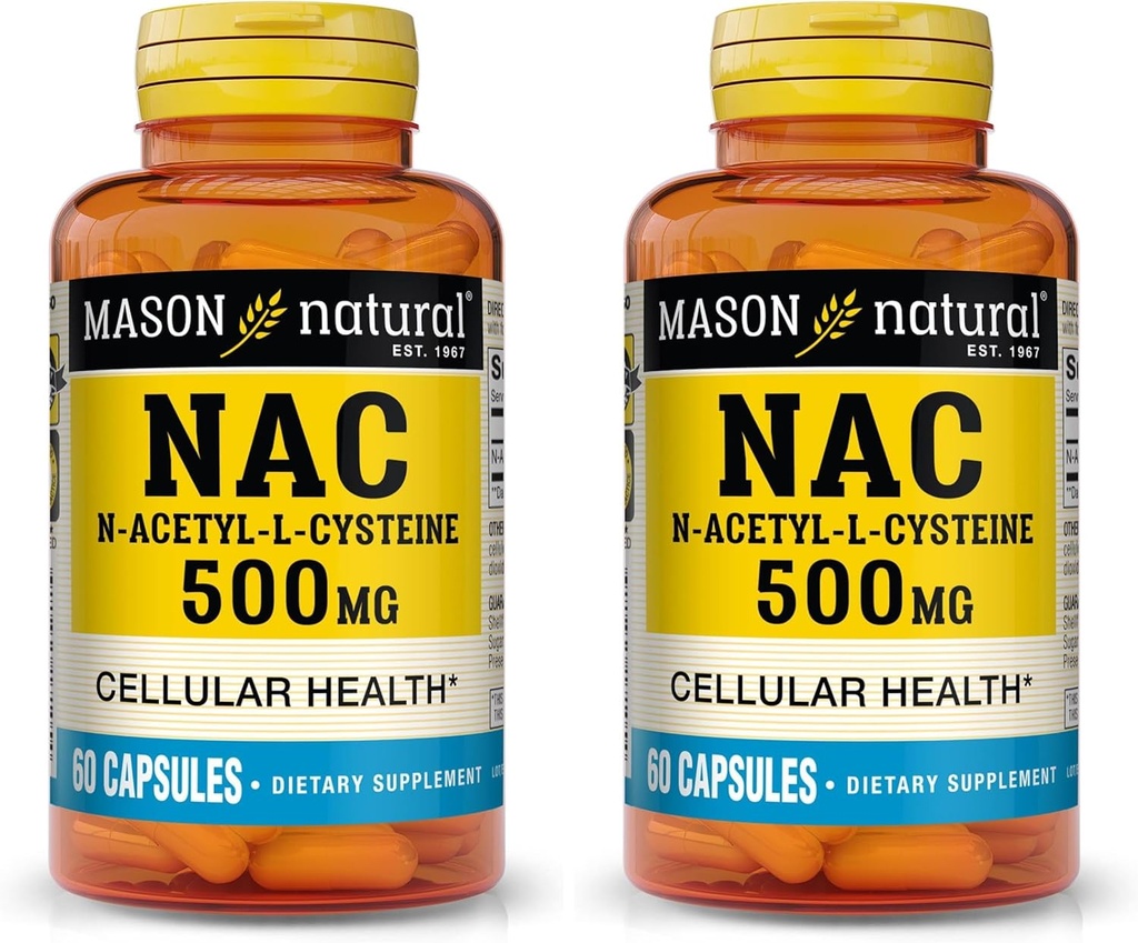 MASON NATURAL NAC N-Acetyl L-Cysteine 500 mg - Suportă sănătatea celulară, Boosterul sistemului imunitar, pentru Wellness General, 60 capsule (Pachetul de 2)