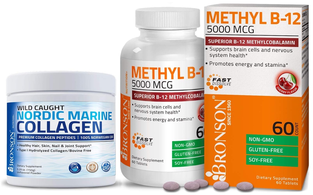 Bronson Marine Colagen Peptides Pulbere proteică hidrolizată + Metil B12 5000 mcg Vitamina B12 Metilcobalamină