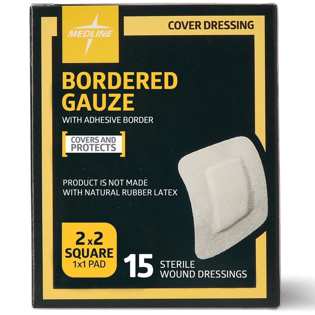 Medline Bordered Tigaze, 2" x 2" Insula Adezive Rochie Răni, Steril, 15 Conte