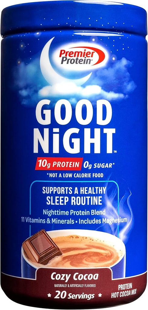 Premier Proteine Good Night Proteine Powder, Hot Cocoa Mix, 10g Proteine, 0g Zahăr, 11 Vitamine & Minerale, Nighttime Proteine Blend, Magneziu, Zinc, 20 Serveste, 1 Tub