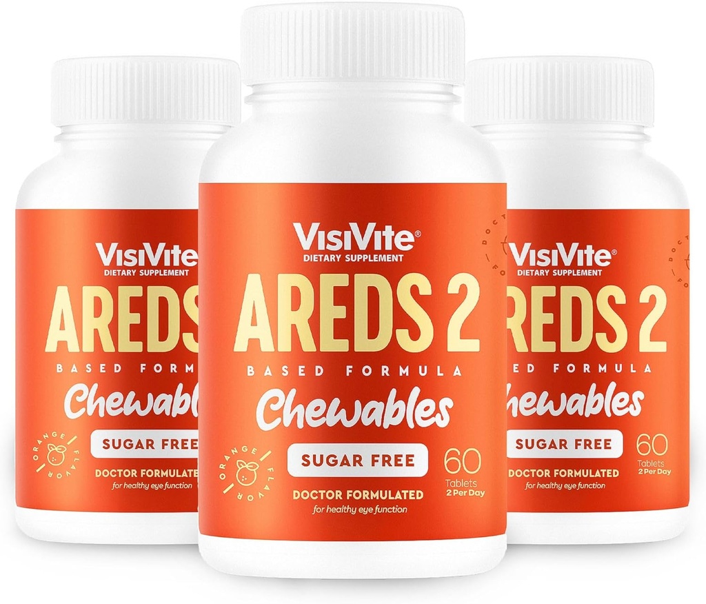 AREDS 2 Vitamine de ochi fără zahăr - Alternative la gume luteină pentru ochi - luteină pentru sănătatea ochilor - Vitamine de ochi premium fără zahăr - (Taxe masticabile) Cutie cu 3 flacoane