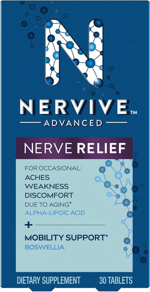 Nervive Avansate Nervi Ajutor + Mobilitate, cu Alpha Acid Lipoic pentru a ajuta la reducerea durerilor nervoase, Slăbiciune, & Discomfort*† și Boswellia pentru a promova mobilitatea*, Vitaminele B12,B6,B1, 30 comprimate
