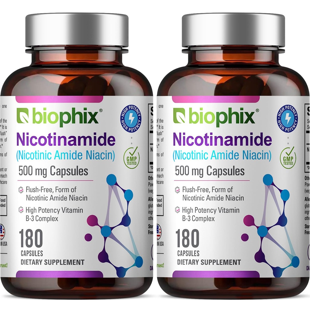 Biophix B-3 Nicotinamidă 500 mg 180 capsule 2 ambalaj - Nicotinic Amide Niacin Natural Flush-Free Vitamina Formula - Susţine sănătatea celulelor pielii