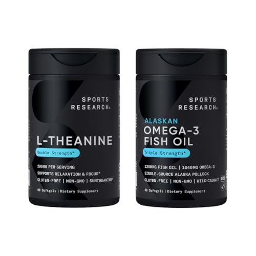 Cercetare sportivă Dublu Putere L-Theanină Suntheanină pentru Focus, Relaxare & Alertă Suport non-Drowsy + Ulei de cocos 60 Count & Triple Putere Omega 3 Ulei de pește 1250mg Burpless Omega3 EPA & DHA