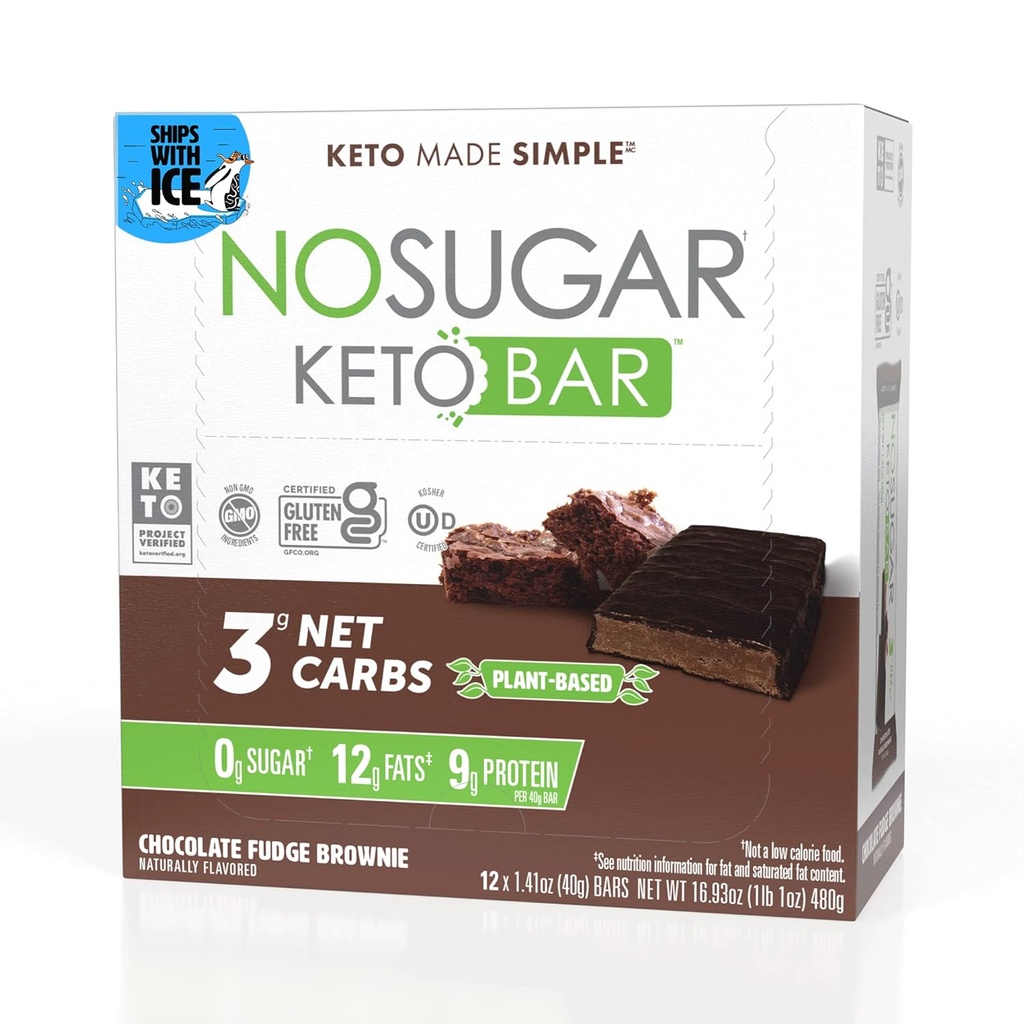 Nu Sugar Keto Bar Snack, Fudge Brownie, 12 x 1.41oz Baruri - Low Carb No Sugar Keto Snack Food with Keto Friendly Macros, 3g Net Carb, 9g Plant based Proteine, 13g Healthy Fat, Sugar Free (0g)