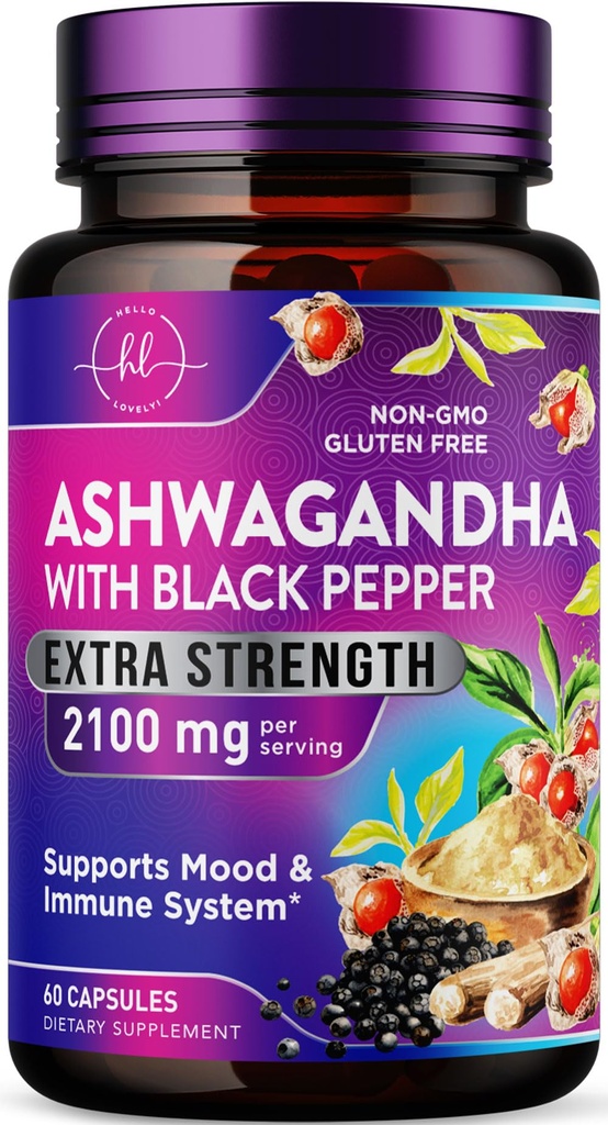 Ashwagandha 2,100 mg - Ashwagandha Suplimente pentru femei în Capsule Veggie cu pulbere şi extract de rădăcină, Pepper negru pentru absorbţie ridicată, pe bază de plante, non-GMO, îmbuteliat în Statele Unite ale Americii - 60 Capsule vegetale