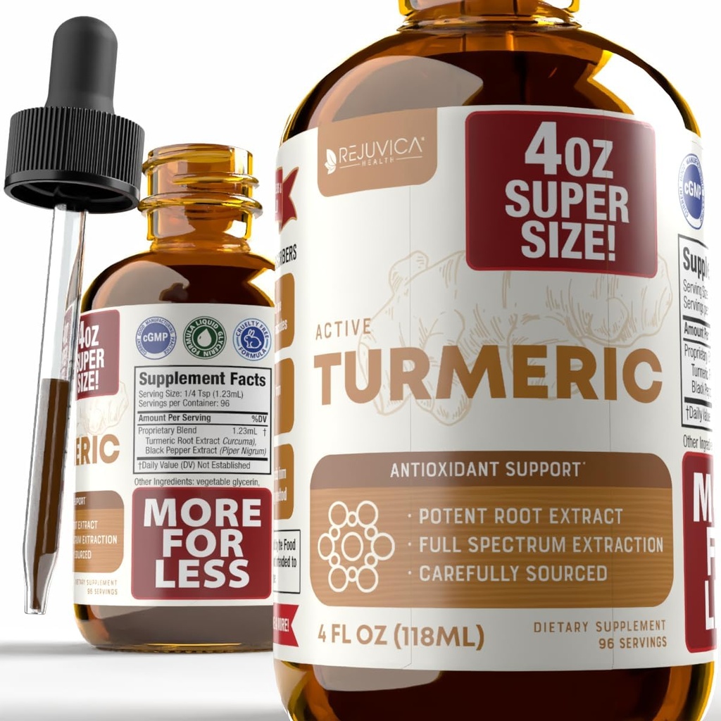 Rejuvica Health Active Turmeric 4oz XL Super Dimensiune - Advanced Liquid Supplement Tincture - Curcuma Longa Extract picături - Rădăcini Turmerice Numai - Natural Occurcumina