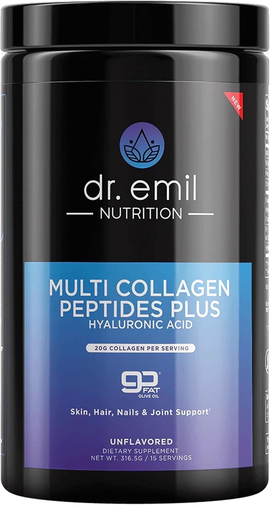 DR. EMIL NUTRITION Multi Colagen Peptides pulbere - 20g de nearomatizat Colagen pulbere de proteine cu acid hialuronic pentru păr, piele, unghii și articulații - 15 Serviri