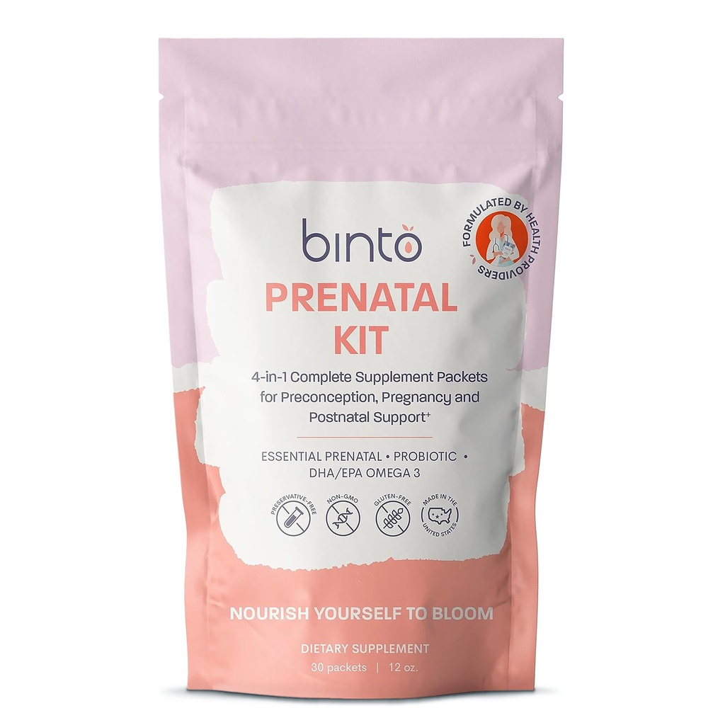 Binto Kit prenatal - 4-in-1 Suplimente pentru mama sanatoasa si copil - 30 zile de aprovizionare - Multivitamine, Probiotice, Fier, DHA, Folat metilat si acid folic - non-GMO, Gluten-Free, Vegetarian