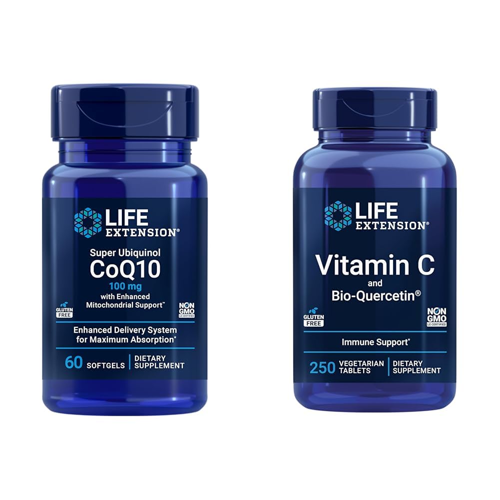 Extensie de viață Super Ubichinol CoQ10 60 Softgels și vitamina C & Bio-Quercetin Fitozom 250 comprimate Bundle pentru inimă, energie celulară, Imun și suport global de sănătate