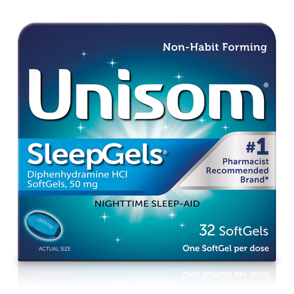Unisom SleepGels, Nighttime Sleep-aid, Difenhidramină HCI 50 mg, 32 SoftGels