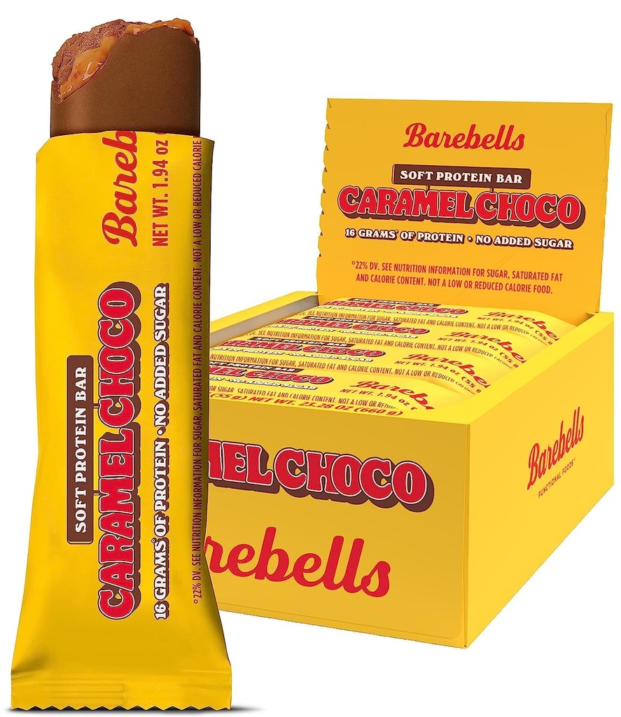 Barebells Soft Proteina Baruri Caramel Choco - 12 Conte, 1.9oz Baruri - Snack-uri de proteine cu 16g de proteine mari - Fluffy Chocolate Proteina Bar cu 2g de zahăr total - Soft Proteine Snack & Breakfast Bars