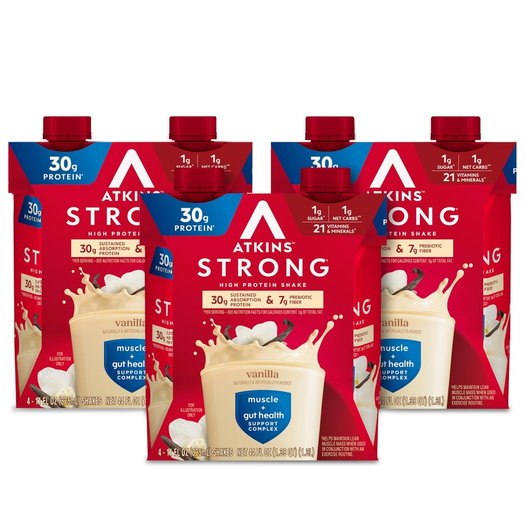 Atkins puternic Shake de proteine mari, Vanilie aroma, 30g proteine, carbohidrat scăzut și zahăr shake, Keto prietenos, Gluten gratuit, Muscle and Gut Health Support Complex, 12 Conte
