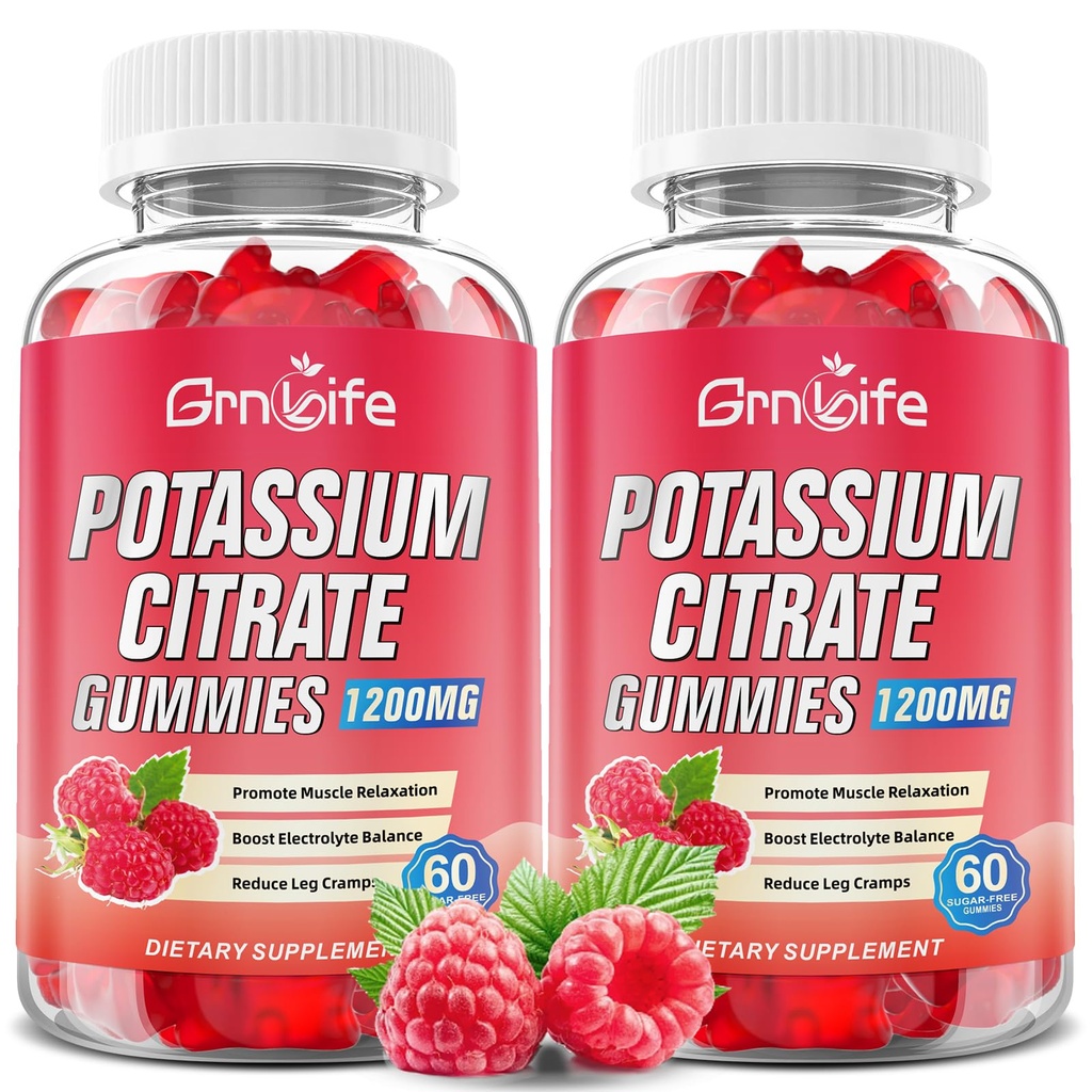 2 Pachet Citrat de potasiu Gume, Gume mari supliment de potasiu 1200mg Suport Crampe picior & sanatate musculara, Gume de potasiu pentru adulți și copii, Vegan, Raspberry Flavor 120 Conte