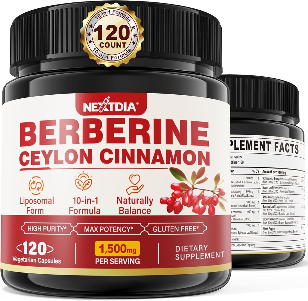 Berberine Supliment Organic 1500mg cu Ceylon Cinnamon Bitter Melon, Liposomal Berberine HCL Suplimente Complexe, Immune & Digestive Suport - non-GMO, Organic, Berberine Berberine Capsule 120Cts