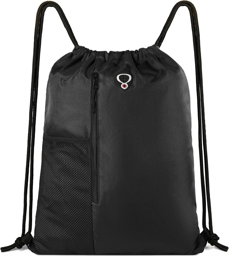 BeeGreen Black cordon sac de gimnastică pentru bărbați Femei String Sports Rucsac cu sticla de apă Mesh Pockets și 2 Zippered buzunar Sackpack mare 16" x 20"