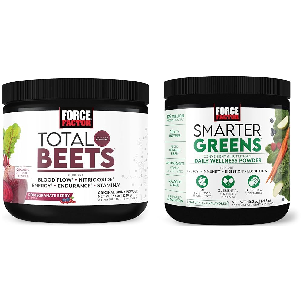 Force Factor Total Beets Drink Mix Superfood Powder cu nitraţi pentru a sprijini circulaţia, fluxul de sânge şi Greens mai inteligente Daily Wellness Powder pentru a sprijini energia, imunitatea şi digestia